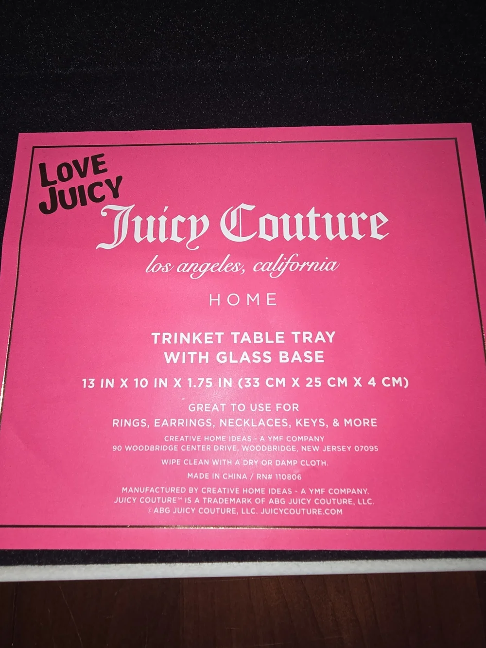 Juicy Couture Pink Display Trinket Table Tray with Glass Base, 13